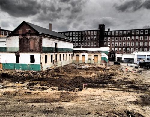 Brick mill building at Cottage Square Apartments in Easthampton, Massachusetts